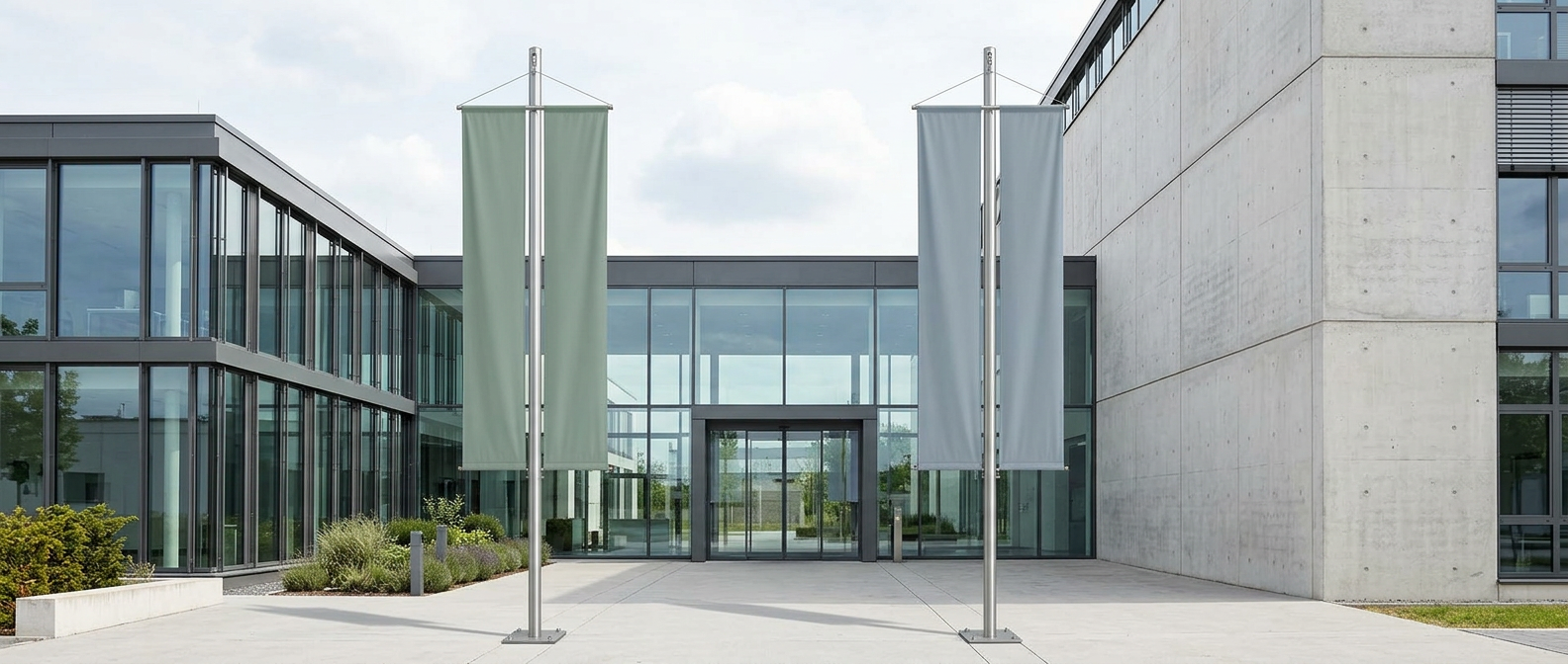 bahnerfahnen-geteilt K.I.-generiertes Bild von Bannerfahnen vor einem Gebäude.