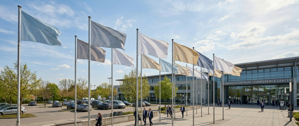 hissfahnen-querformat K.I.-generiertes Bild von Hissfahnen im Querformat auf einem Parkplatz vor einem Kongresszentrum.