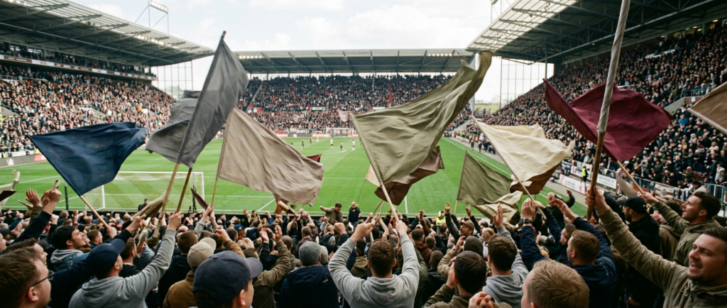 schwenkfahnen K.I.-generiertes Bild von Fans im Fußballstadion mit Schwenkfahnen.